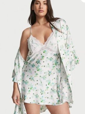 For Love And Lemons White Satin Floral Chemise with Green Print